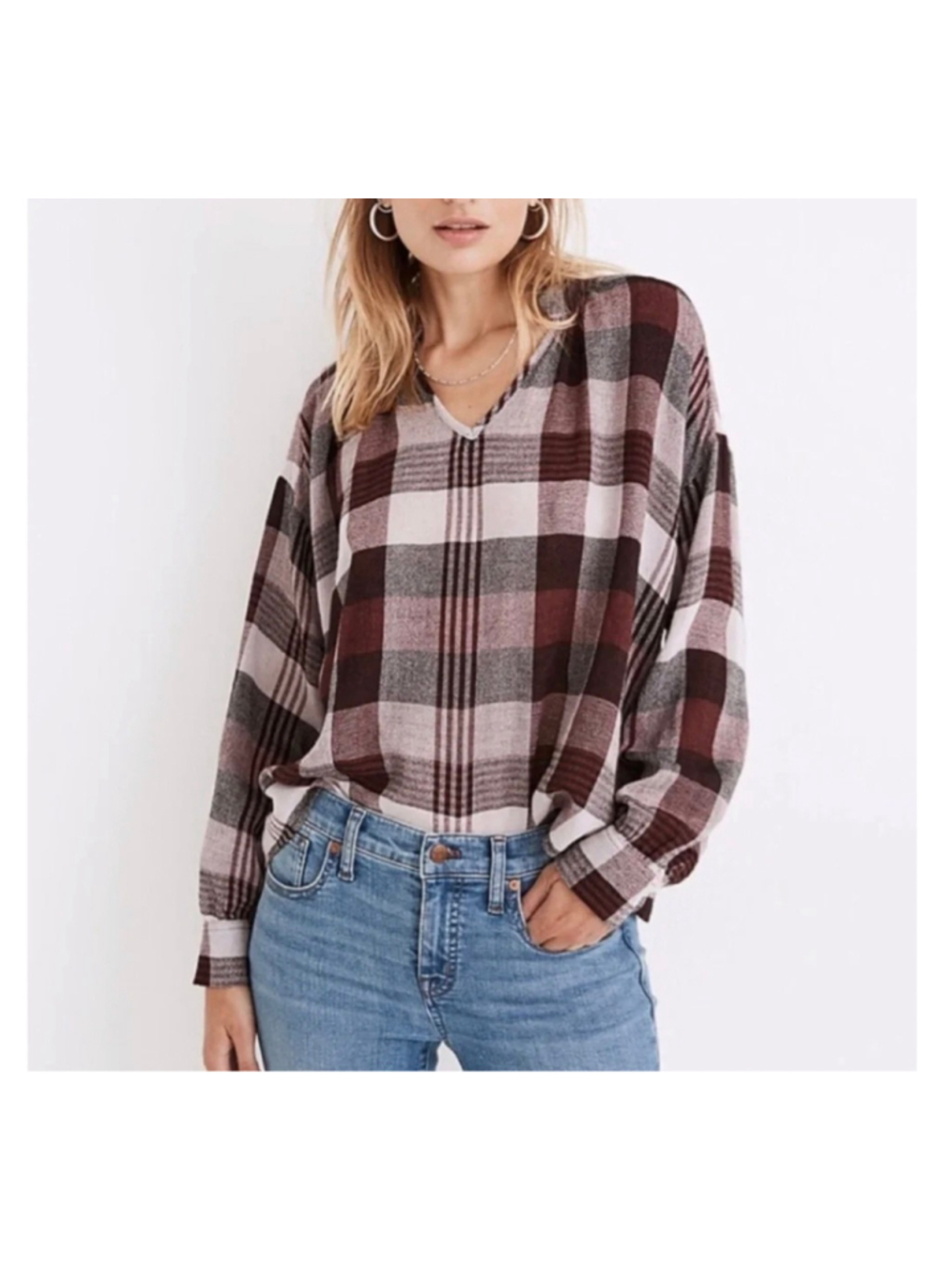 Madewell Highroad Popover Plaid V-Neck Blouse XXS Burgundy White Cozy Weave